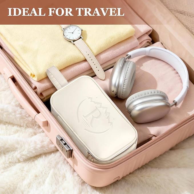 Travel Toiletry Bag for Women,Toiletry Bags for Traveling Womens Leather,Compartments Make up Bags for Women,Cosmetic pouch Organizer,White- R