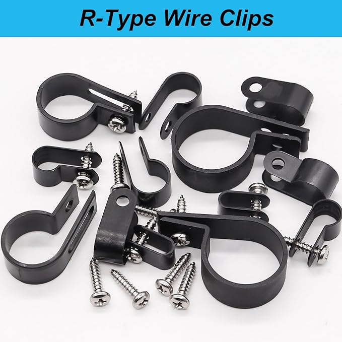 TWTADE 222PCS Black Cable Clamps Assortment Kit, Nylon Plastic R-Type 6 Sizes 3/16'' 1/4'' 3/8'' 1/2'' 3/4'' 1'' Cable Mounting Wire Clips Fastener with Screws for Wire Management