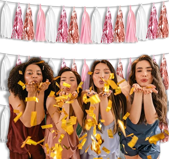 3P Metallic Fringe Tassel Banner Garland Foil Tinsel Streamer Wall Hanging Curtain Backdrop for Parade Floats, Graduation, Wedding, Birthday, Retirement Party Decorations (Rose-Gold Pink White)