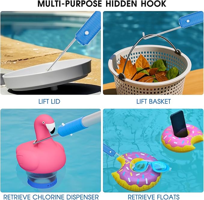17.5'' Self-Repair Pool Net with Pole 10 Ft Thick Aluminum 8 Sections Detachable Pool Poles with Hidden Hook Retriever & Nylon Fine Mesh Netting Pool Skimmer Net for Above Ground In-ground Pools