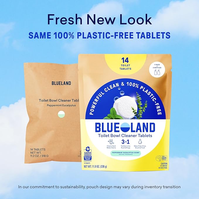 BLUELAND Toilet Bowl Cleaner Tablets, 2-Pack, 28 Count, Peppermint Eucalyptus, Plastic-Free, No Harsh Chemicals, Plant-Based