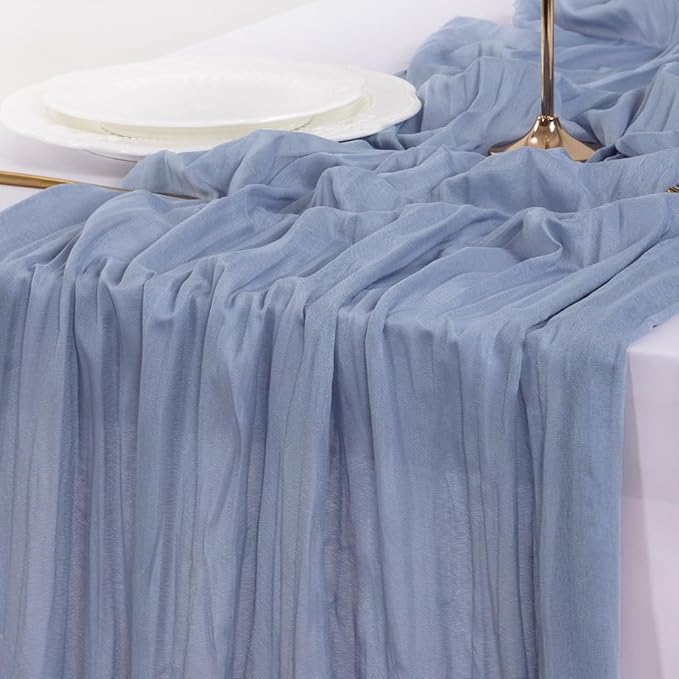 Socomi 6pcs Dusty Blue Summer Cheesecloth Table Runner Boho Rustic Gauze 120 inch 10FT Cheese Cloth Sheer Runner for Wedding Party Baby Shower Birthday Home Decor Holiday Decorations