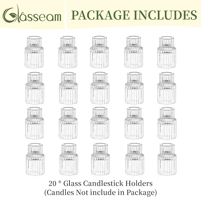 Glasseam Glass Candle Stick Holder: Small Candlesticks for Taper Candles, Bulk Set of 20, Mini Crystal Clear for Wedding Centerpieces Party Decorations
