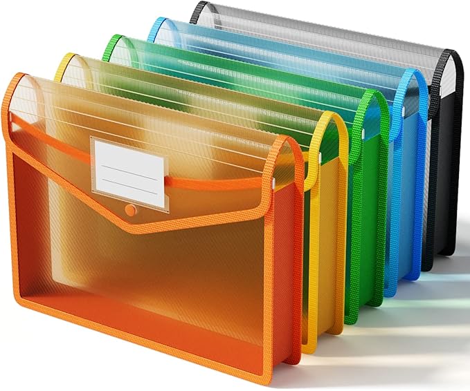 ThinkTex Plastic Expanding File Folder, Transparent Envelopes with Snap Closure, No Dividers, Large Capacity, Assorted Colors, Fits Letter / A4 Size - 5 Pack