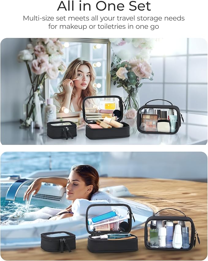 BAGSMART Double Layer Clear Makeup Bag, TSA-Approved Toiletry Bag, Large Opening with Handle, Cute Water-Resistant Travel Cosmetic Bag with Double Zipper for Car Essentials(Pink)