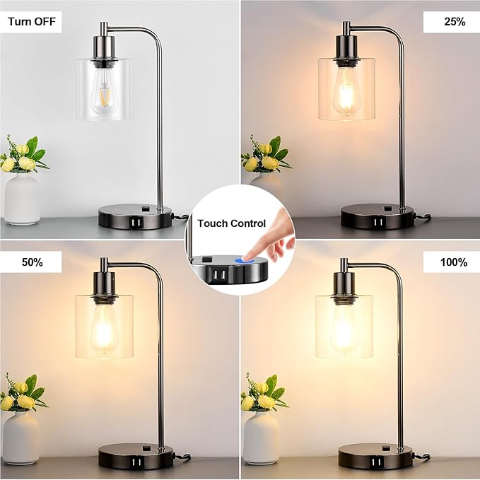 Industrial Touch Control Table Lamps Set of 2 - Black Nickel Bedside Lamps with 2 USB Ports & AC Outlet, 3-Way Dimmable Nightstand Desk Lamp for Bedroom Living Room, Glass Shade & 2 LED Bulbs Included