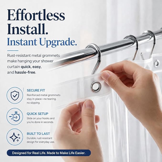 EHZNZIE Crystal Clear Shower Curtain Liner 60x72, PEVA Waterproof Bath Curtain, No Chemical Smell, 3 Weighted Magnets, Durable with Rustproof Metal Grommets
