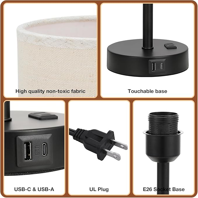 Dicoool Tall Touch Bedside Table Lamp with USB - 3 Way Dimmable Black Lamps for Bedroom Nightstand, Desk Lamp with Black Charging Station for Dorm, Office, Kids Room