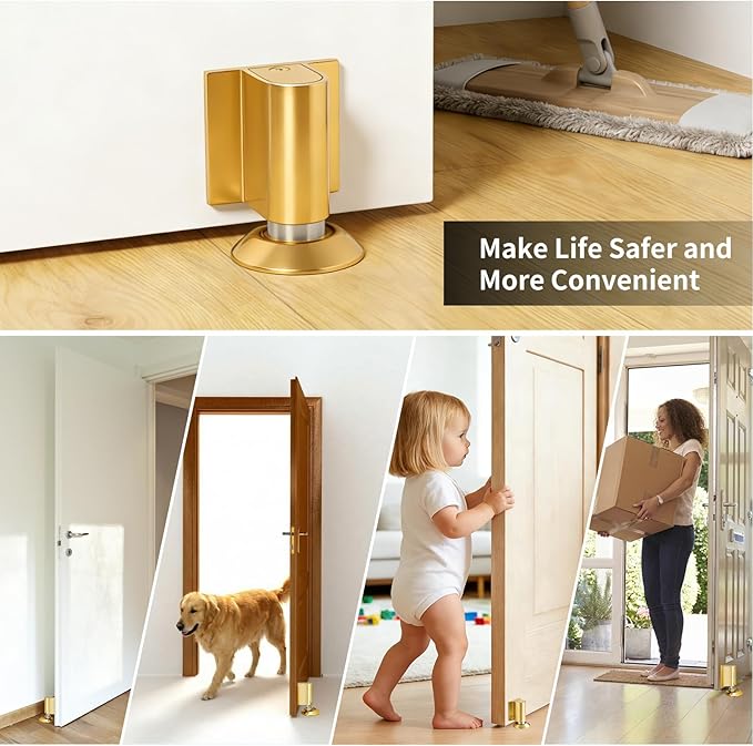 Magnetic Door Stoppers, Magnet Door Stop - Stainless Steel Door Catch, Retractable Bottom of Door Holder Suits Gaps Within 1.4" Keep Door Open, No Drill 3M Adhesive & Screws - Golden2 Pack