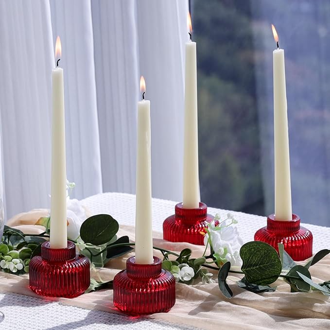 Woho Red Taper Candle Holders Set of 4 for Christmas Decorations, Reversible Ribbed Glass Candlestick Holders for Wedding Table, Vintage Candle Sticks Holder Decor for Valentines Day Decor
