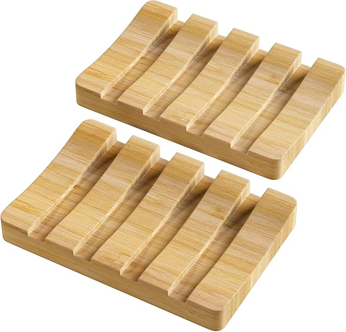 AmazerBath Bamboo Soap Holder, Bamboo Soap Dish, 2 Pack Soap Dishes for Bar Soap, Soap Tray Self Draining, Bar Soap Holder for Shower