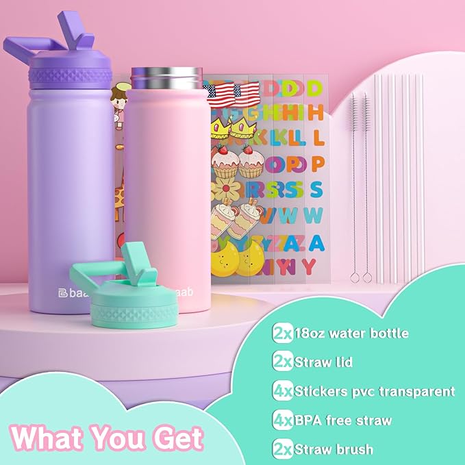 baab 20oz Kids Water Bottle, Insulated Water Bottle with Straw & Stickers, 18/8 Stainless Steel Vacuum Leakproof Kids Water Straw Cup for School, Perfect for Boy Girl (Pink+Purple, 2 Pack)