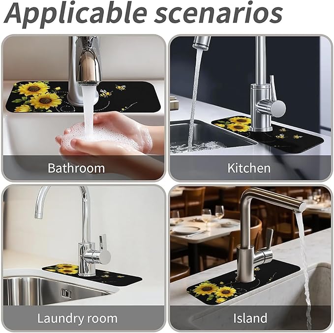Kitchen Sink Splash Guard,sunflowers-and bees- Faucet Mat Sink Gadgets-Super Absorbent Fast Drying Mat Drip Catcher for Kitchen, Bathroom,Sink Mat, Dish Drying Mat, Bathroom(15" X 5.5" )