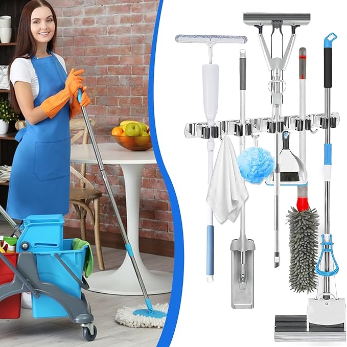2 Pack Heavy Duty Wall Mount Broom Holder – Stainless Steel with 5 Racks & 4 Hooks Broom Organizer– Self-Adhesive or Screw Mount Mop Holder for Garage, Laundry, Kitchen – Silver
