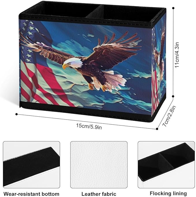 Famame American Flag Map Eagle Pencil Holder for Desk, Leather Desktop Container Pen Cup Storage Study Table Pen Organizer Makeup Brush Holder for Classroom Office Home