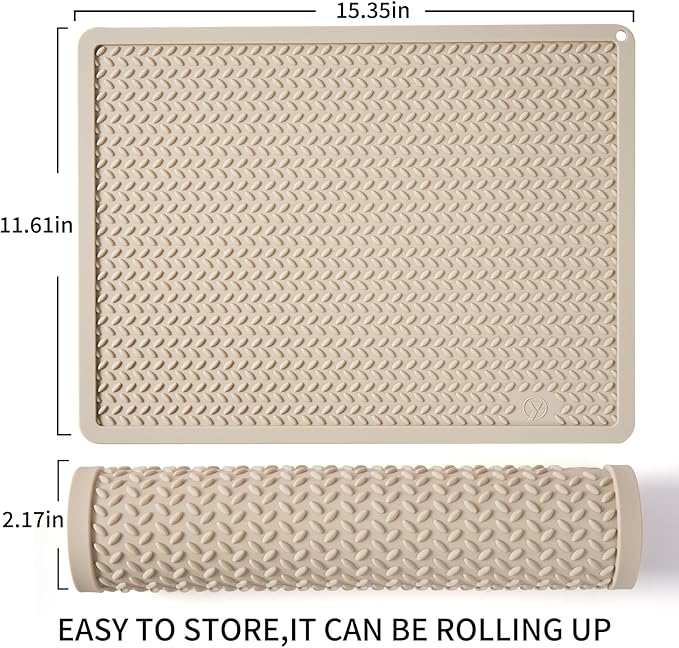 Silicone Drying Mat & Heat Resistant Mat for Kitchen Counter, Non-Slip Dishwasher Safe, Raised Edge for Dishes Bottles Sink (15.35x11.61in, Beige)