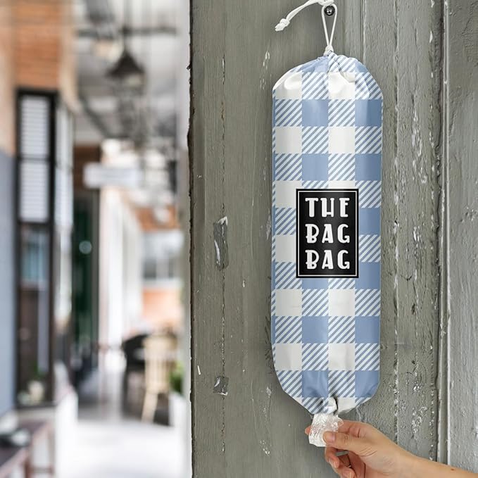 IHopes+ Plastic Bag Holder,Reusable And Washable Grocery Bag organizer,for Home Kitchen Travelling Camping Decor, use 1 Pack, Blue And White Checkered Pattern