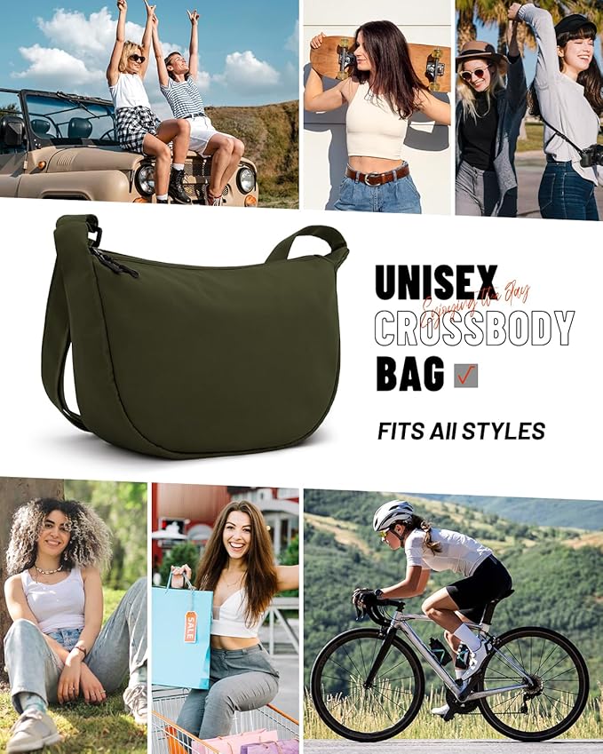Crossbody Sling Bag for Women Men Trendy, Crescent Bag with Adjustable Strap, 2 Zippers Lightweight