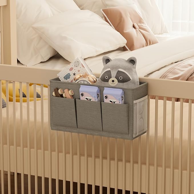 Dual-purpose Bedside Caddy Bedside Organizer, Bed Caddy with 6 Pockets, Versatile Bedside Storage Solution Magazine Remotes holder, ideal for Home, Dorm, Hospital, Crib Bed (Grey 2pcs)