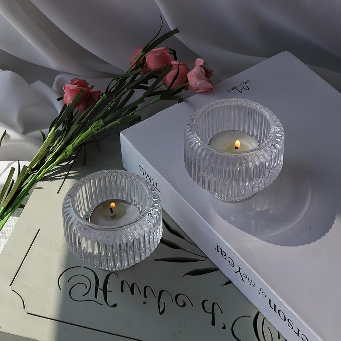 Woho Candle Stick Candle Holder Set of 4, Clear Taper Candle Holders for Wedding Table Centerpiece, Ribbed Glass Votive Candle Holders for Christmas Party Home Decor