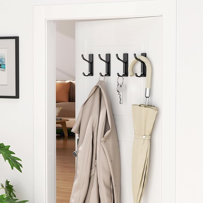 pickpiff Adhesive Wall Coat Hooks - Heavy Duty Stick-On Door Hanger, Metal Hook for Hanging Towel, Purse, Robe, Backpack, Jacket, Clothes - for Bathroom, Dorm, Closet, Kitchen - Black, 4 Pack