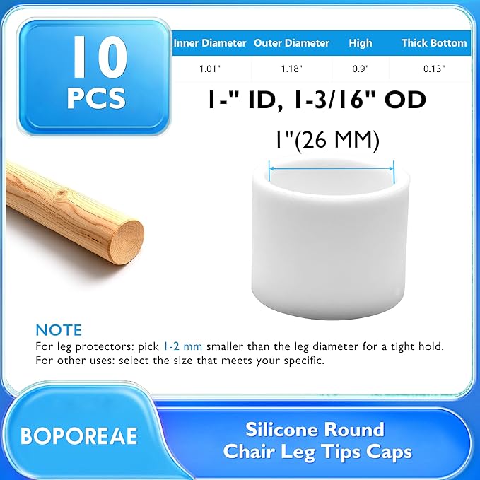 BOPOREAE 10 Pcs 1" (26 mm) Round Chair Leg Tips Caps, Silicone Rubber Furniture Leg Floor Protectors, Reduce Noise Folding Metal Chair Leg Cap Replacement for Bar Stool Leg Patio Indoor, White