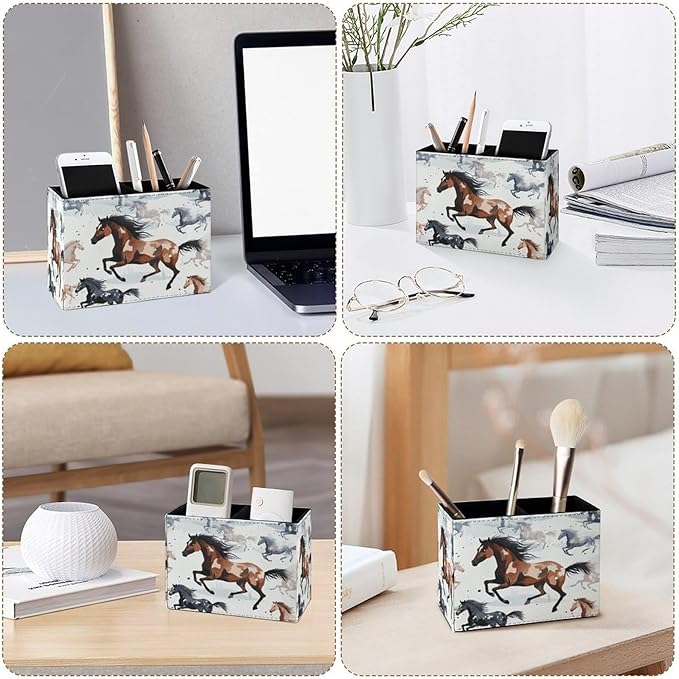 Famame Running Brown Horse on Snow Pencil Holder for Desk, Leather Desktop Container Pen Cup Storage Study Table Pen Organizer Makeup Brush Holder for Classroom Office Home