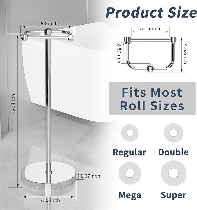 Toilet Paper Holder Stand, Post Pivoting Design Free Standing Toilet Paper Holder, SUS304 Stainless Steel Toilet Paper Roll Holder, Heavy Stable Base (Chrome)