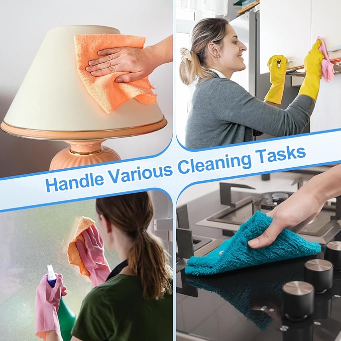 HARFINGTON 6 Pack Microfiber Cleaning Cloth, 14" x 14" Multi-Functional Cleaning Towels Reusable Absorbent Rags with Hook for Car Wash Kitchen Household Window Clean, Brown
