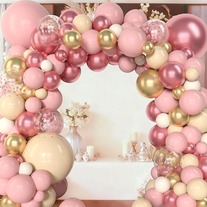 Amandir 153Pcs Boho Blush Balloon Garland Arch Kit, Double-Stuffed Nude Cream Peach Dusty Rose Pink Gold Confetti Metallic Balloon for Valentines Day Baby Shower Birthday Party Wedding Decorations