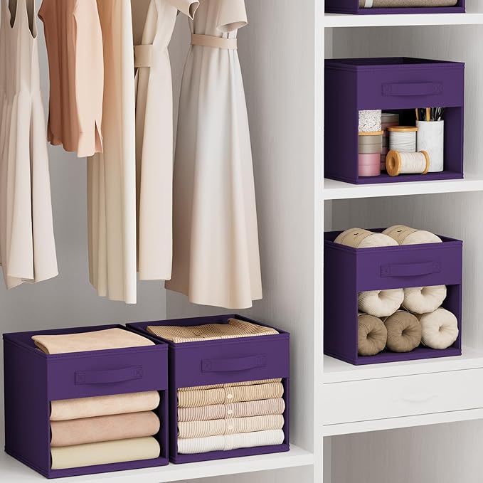 DIMJ Storage Cubes, Cube Storage Bin, 8 Pack Foldable Baskets with Window, Closet Storage Bins with Handle, 11x11 inch Storage Cubes for Clothes, Toys, Books (Purple)