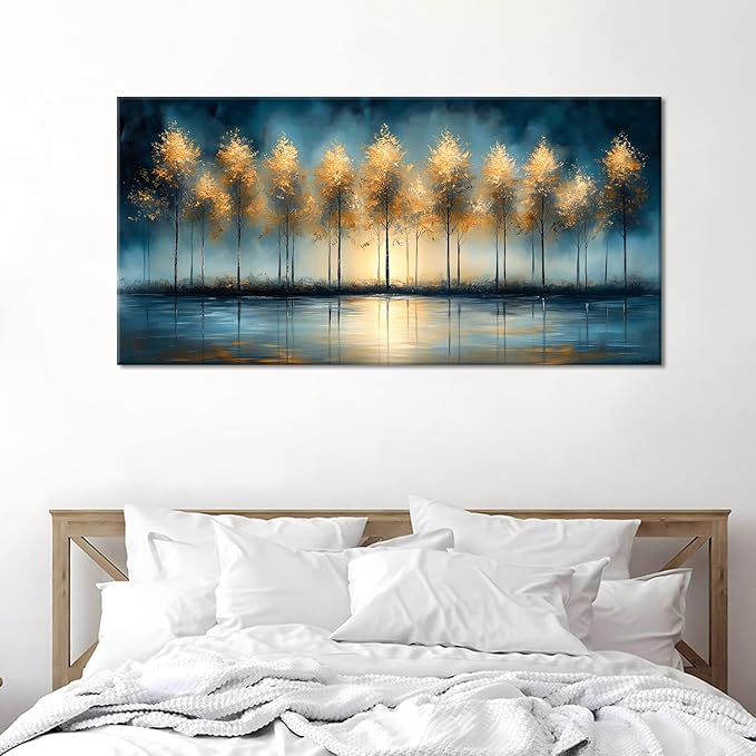 ZESTRILIA Golden Trees Wall Art Impression Canvas Abstract Sunset Oil Painting Reproduction Print Artwork Landscape Picture for Living Room Bedroom Home Office Kitchen Décor (28x58inch)