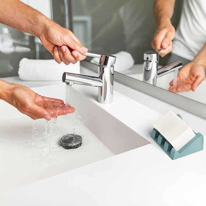 iSoapStone Silicone Soap Dish (USA Patented) Self Draining Bar Soap Holder for Shower Bathroom Sink, Drying Soap Dish Tray Sponge Holder Easy Cleaning Soap Saver Mat Travel Accessories (Teal, 1)