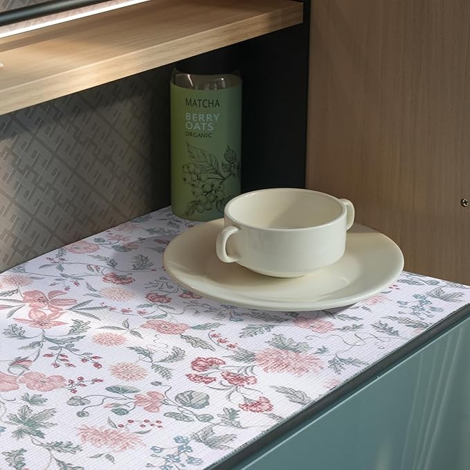 Floral Drawer and Shelf Liner for Cabinets, 12IN x 20FT Non-Adhesive and Strong Non-Slip Shelf Cabinet Drawer Liners for Kitchen, Table,Bookshelves,Waterproof Cupboard Liners,Easy to Clean