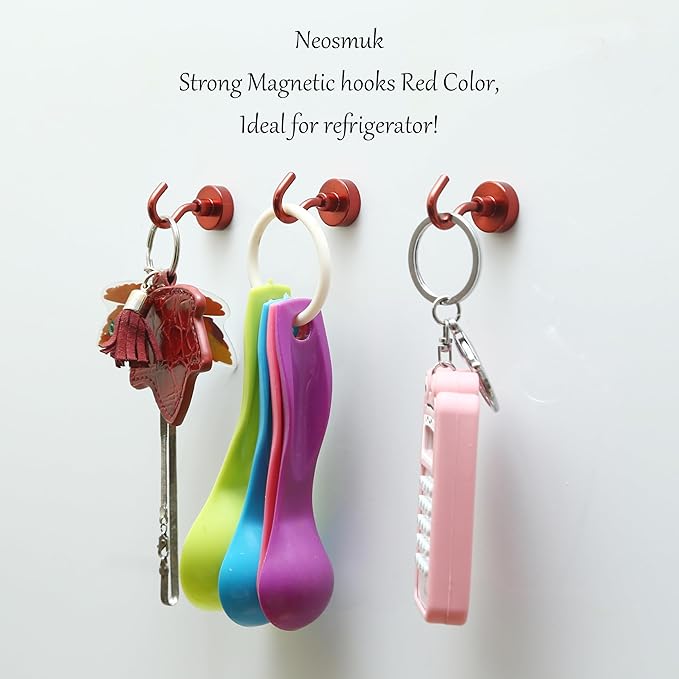 Neosmuk Magnetic Hooks, Heavy Duty 30lb+ Strong Magnet Hook for Cruise Cabins, Cruise Ship Essentials for Hanging, Metal Wall Refrigerator Hangers (Red, 15 Pack)