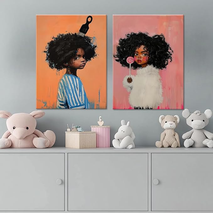 Black Kids Wall Art - Afro American Children Canvas Prints, Modern African American Portrait Paintings for Girls Bedroom, Cute Black Girl Nursery Art, Cultural Wall Decor, Framed12 x 16inches X2piece