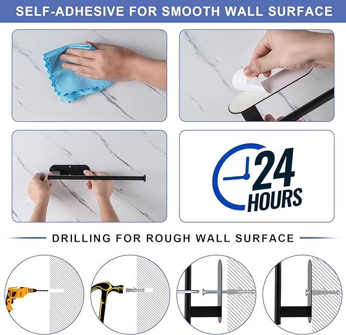 Honmein Paper Towel Holder, Upgrade SUS304 Stainless Steel Paper Towel Holder Under Cabinet, Bend-Resistant, Self-Adhesive or Drill mounting (2 Black)