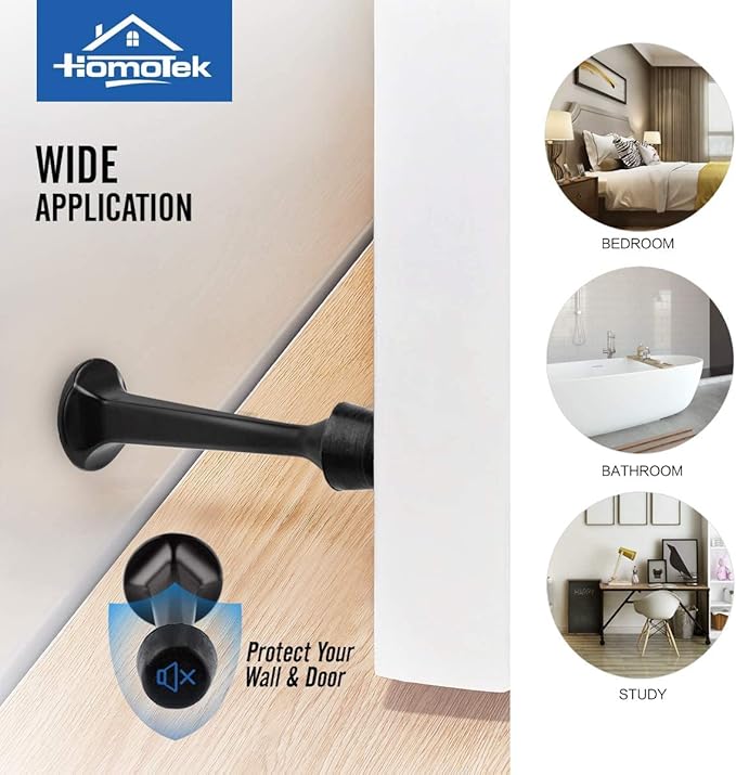 HOMOTEK 6 Pack Heavy Duty Solid Rigid Door Stop with Soft Rubber Tip, Zinc Die Cast Door Stopper Protect Wall & Door, Black
