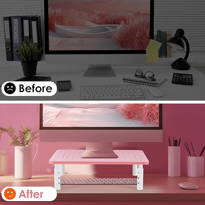 Monitor Riser Desktop Stand, Flat Screen TV Monitor Stand Riser, Sturdy Metal Laptop Computer Monitor Stand Shelf for Printer, iMac, 3-Height Adjustable PC Stand with Mesh Platform