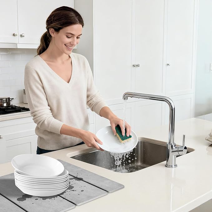 Stone Dish Drying Mat for Kitchen Counter,24x16 Collapsible Diatomaceous Earth Mats, Quick Drying Absorbent Dish Mat,Non-Slip Countertop & Bath Mat for Dishes Cups Bottles,Light Gray