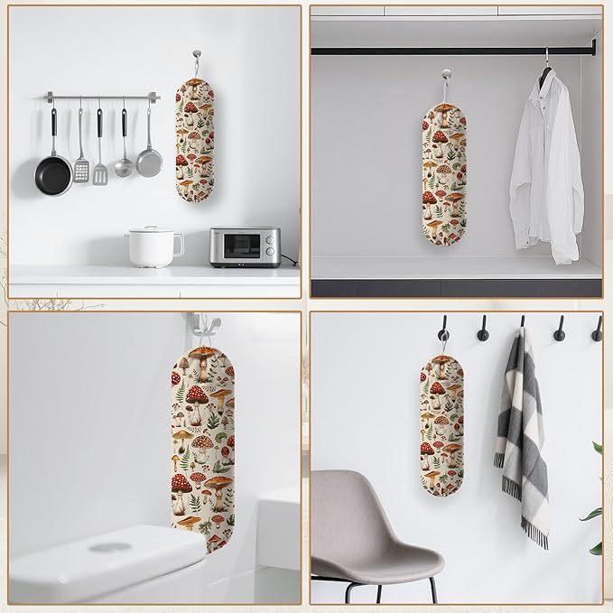 Plastic Bag Holder, Grocery Bag Organizer Storage, Kitchen Dispenser Holders Reusable Shopping with Adjustable Drawstring Closure for Kitchen Farmhouse Decor, Mushroom