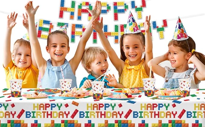 Building Block Party Supplies Paper Plates Napkins Cups Tablecloth Banner for Colorful Building Block Birthday Party Decorations for Boys, Kid’s Birthday Party Decorations Serve 25