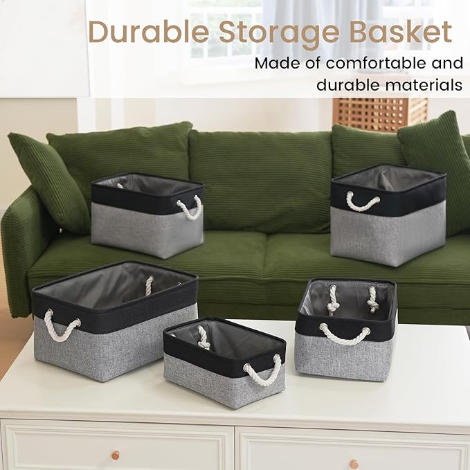 VQRTEXA Storage Baskets for Shelves 13.8x9.8x6.7 Inch, Foldable Fabric Storage Bins with Handles, Small Storage Baskets for Organizing Closet, Bathroom, Office, Home Organization (1-Pack, Black&Gray)