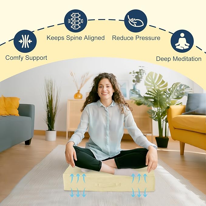 Wellsin Solid Square Floor Pillows for Adults Kids - Large Meditation Floor Pillow Seating Cushion with Thick Foam & Washable Velvet Cover, 2 Pack, 22x22x5 Inch, Beige