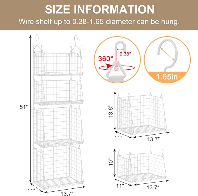 4-Tier Hanging Laundry Room Organizer: Foldable Wire Shelf Basket with 2 Large 1.65" Hooks & 360° Rotating Hooks – Space-Saving Laundry Storage Basket, for Wardrobe Closet Storage, White Patent