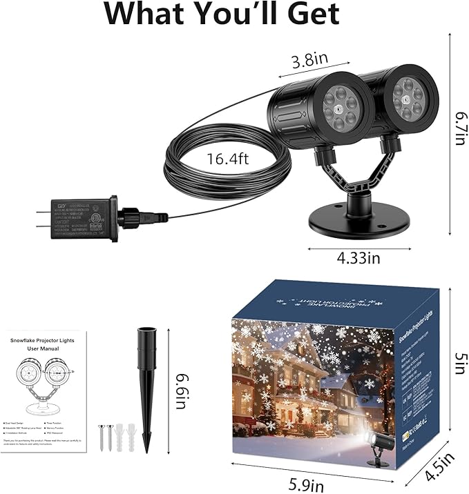 2025 Upgraded Double Head Christmas Snowflake Projector Lights Outdoor, Timing Mode, IP65 Waterproof, 360°Roating LED Christmas Lights, for Xmas Holiday Party Christmas Decoration, Indoor, Houses