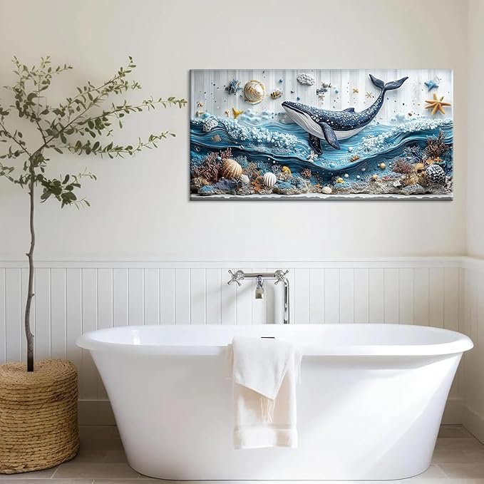 ZESTRILIA Ocean Whale Wall Art for Kids Room Navy Blue Marine Organism Underwater World under the Sea Canvas Painting Prints Artwork Family Living Bedroom Decor (40x20 Inches)