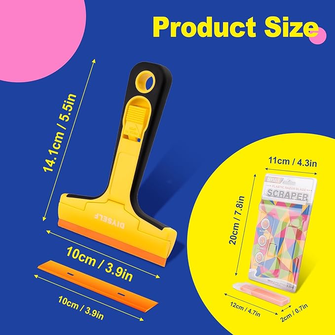 DIYSELF Plastic Razor Blade Scraper, 1 Pack Plastic Scraper Tool with 5 Pcs 4-Inch Plastic Razor Blades, Sticker Remover Tool and Decal Remover for Glass, Window, Labels, Adhesive, Cooktop, Tile