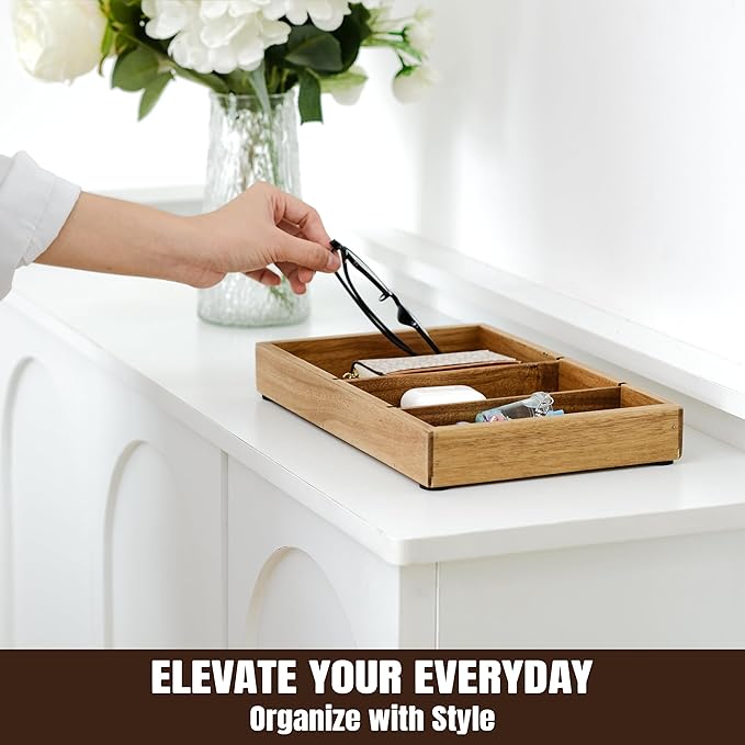 Wooden Valet Tray for Men – 12.2x7.9 in Acacia Catchall EDC Dump Tray with Removable Dividers, Nightstand Organizer for Keys, Wallet, Phone, Watch, Office Accessories