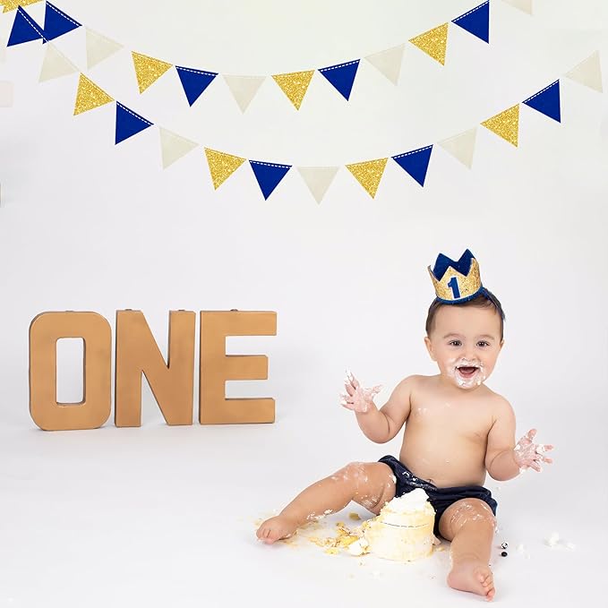 Blue Gold Beige Party Decoration Royal Gold Glitter Felt Hanging Triangle Mini Bunting Pennant Banner Flag for Birthday Wedding Graduation Baby Shower Nautical Ahoy Anchor Party Nursery Classroom Decor